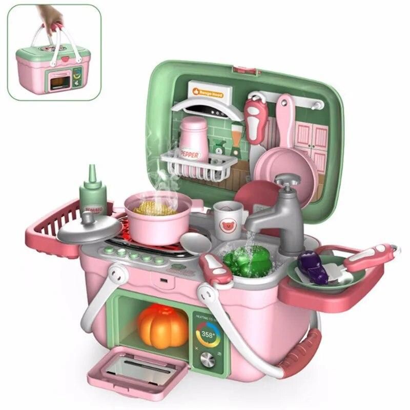 30pcs/set Kids Kitchen Toys Food Cooking Suitcase Preten Play Toy Electric Spray Water Children's Household Set Gift For Girls