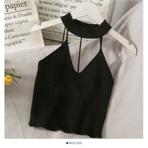 (Black)High Street Hollow Out Cropped Tops Female Cami Knitted Solid Red Tank Backless Cute Basic Casual Sleeveless Camis Korean Girls WEF
