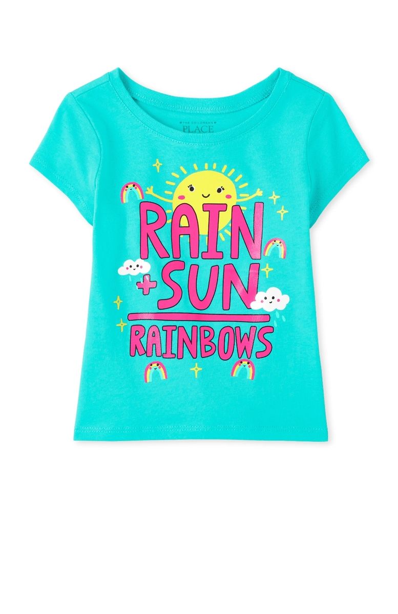Girls Glitters Sun Rainbows Graphic Top- Aqua Blue