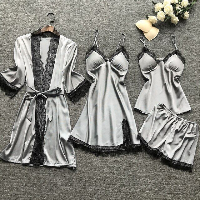 Women's Pajamas  Women Pajamas Sets Satin Sleepwear Silk 4 Pieces