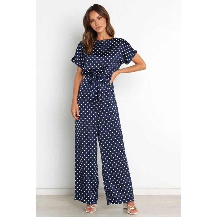 Tie Waist Dot Print Jumpsuit For Ladies