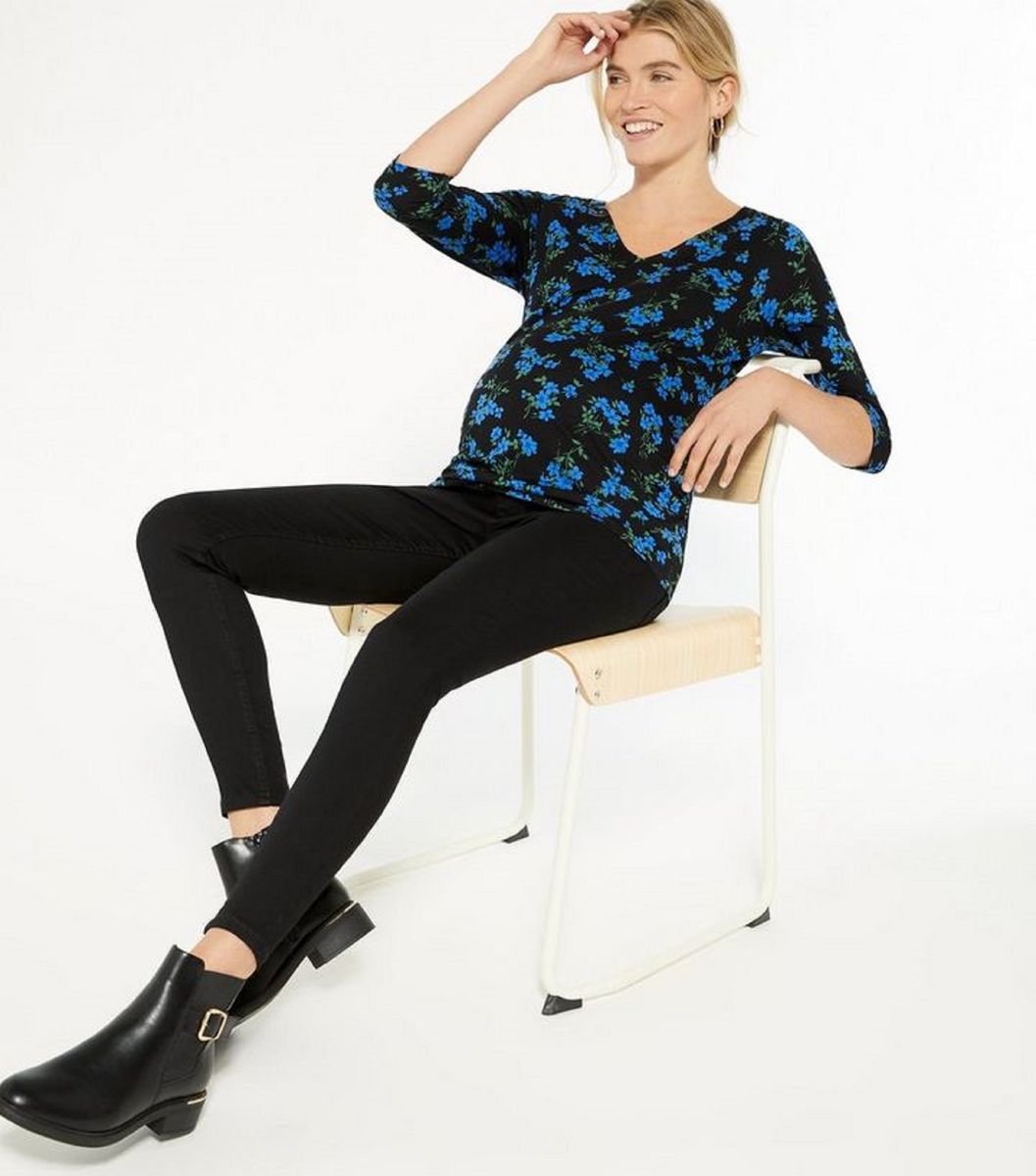 Floral V-neckline Blue & Black Maternity Top