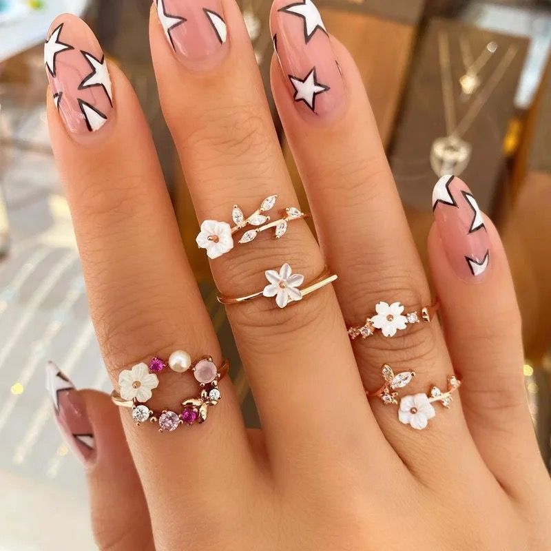 5pcs Rhinestone & Flower Decor Ring