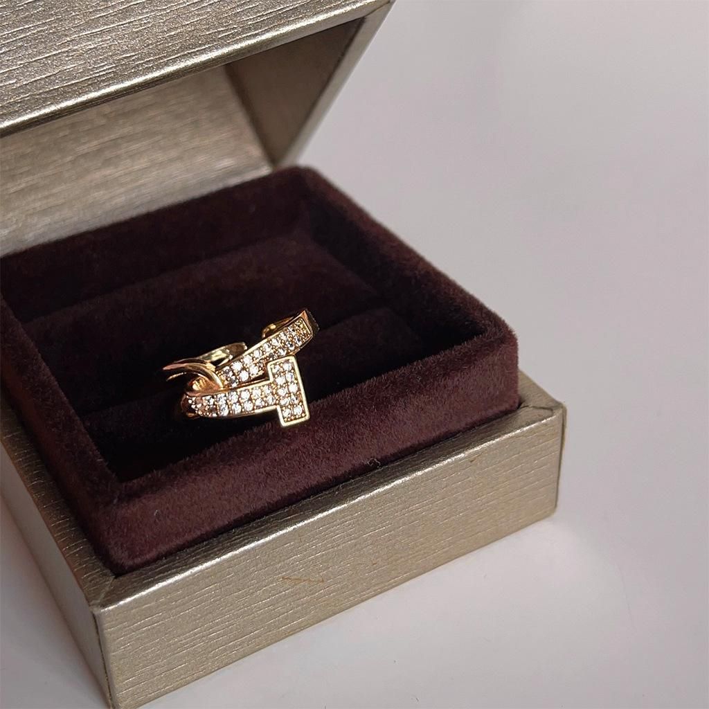 Cubic Zirconia Initial Letter T Open Cuff Ring, Real 18K Gold Plated Brass Knot Chunky Ring for Women, Nickel Free
