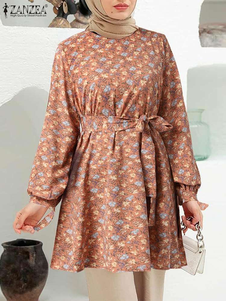 Spring Muslim Dubai Turkey Hijab Shirt ZANZEA Bohemian Women Floral-Rust