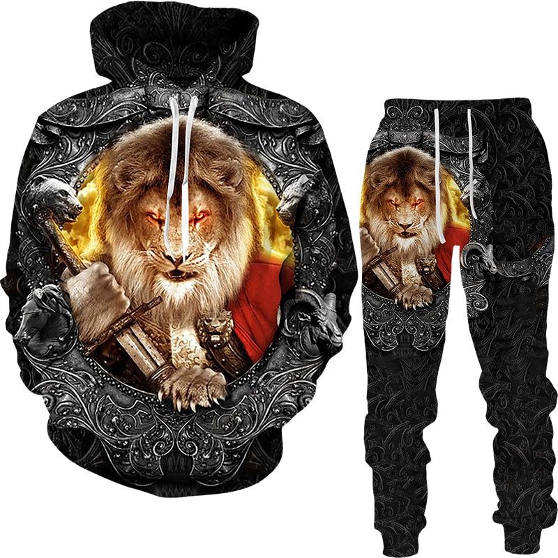 Autumn Winter 3D The Lion King Printed Men's Hooded Sweater Set Men's Sportswear Tracksuit Long Sleeve Men's Clothing Suit