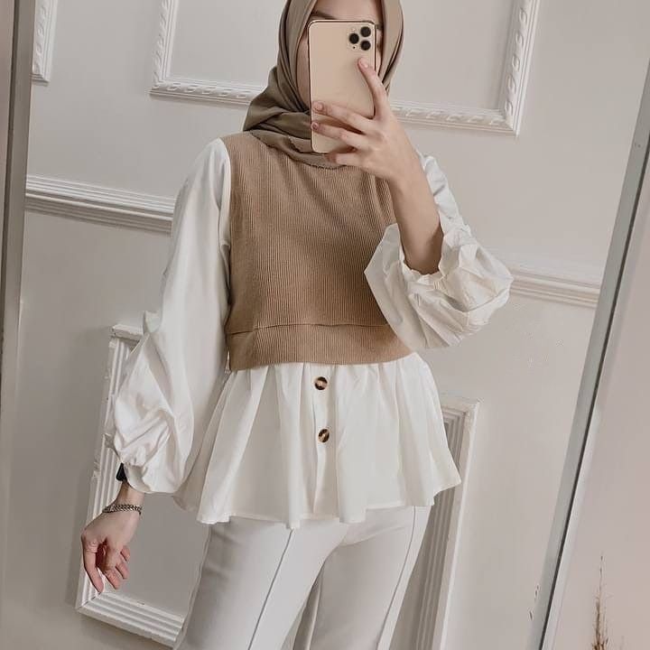 Abaya Women's Tunic Turkey Kaftan Tops Puff Sleeve Pullover  2 Piece-Khaki