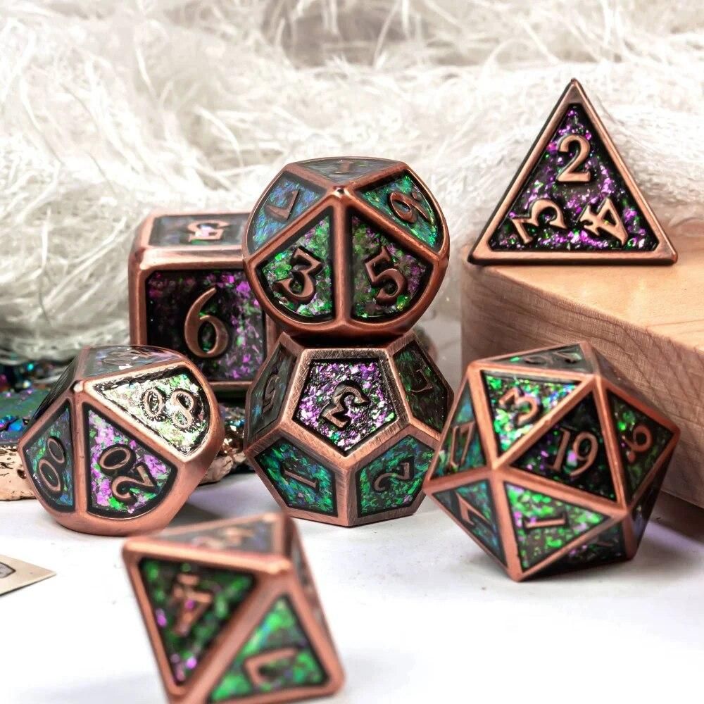 cusdie Red Copper Metal Dice, 7Pcs Enamel D&D Dice, DND Polyhedral Dice Set, for Role Playing Game MTG Pathfinder