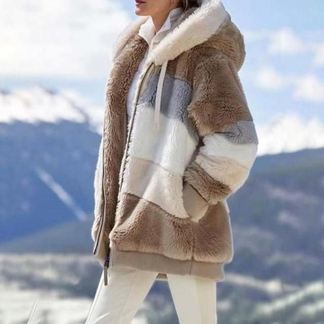 Contrasting Lamb Wool Padded Coat Women's Winter Khaki_S