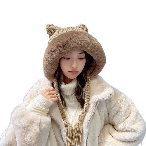 Pigtail Tassel Patchwork Color Knitted Hat Warm Cat-Khaki