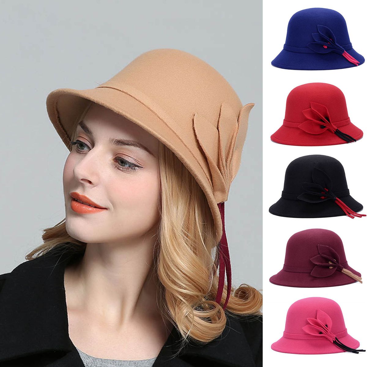 Women Hat Eye-catching British Style Faux Wool Vintage-Black