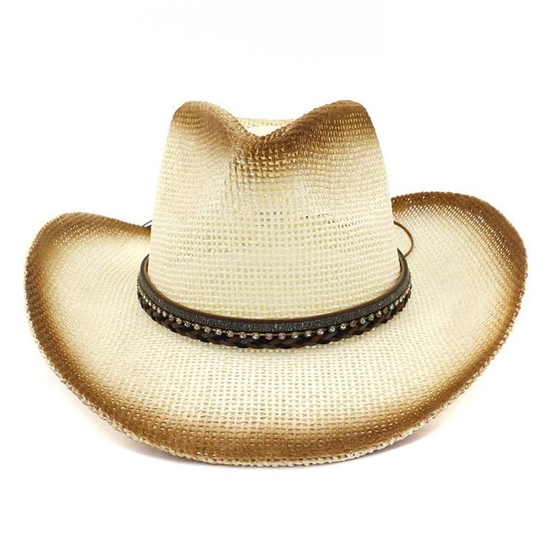 Milk white QBHAT Brown Spray Paint Western Cowboy Straw Hat Women Ladies Wide Brim Sunshade Hat Beach Sun Protection Cap Holiday Sunhat