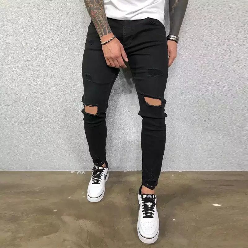 Square Busted Kneel Men's Stretchy Black Jeans