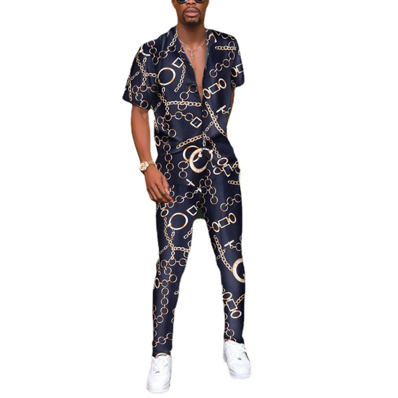Men 2 In 1 Summer Irregular Short Sleeve Top Pants Set