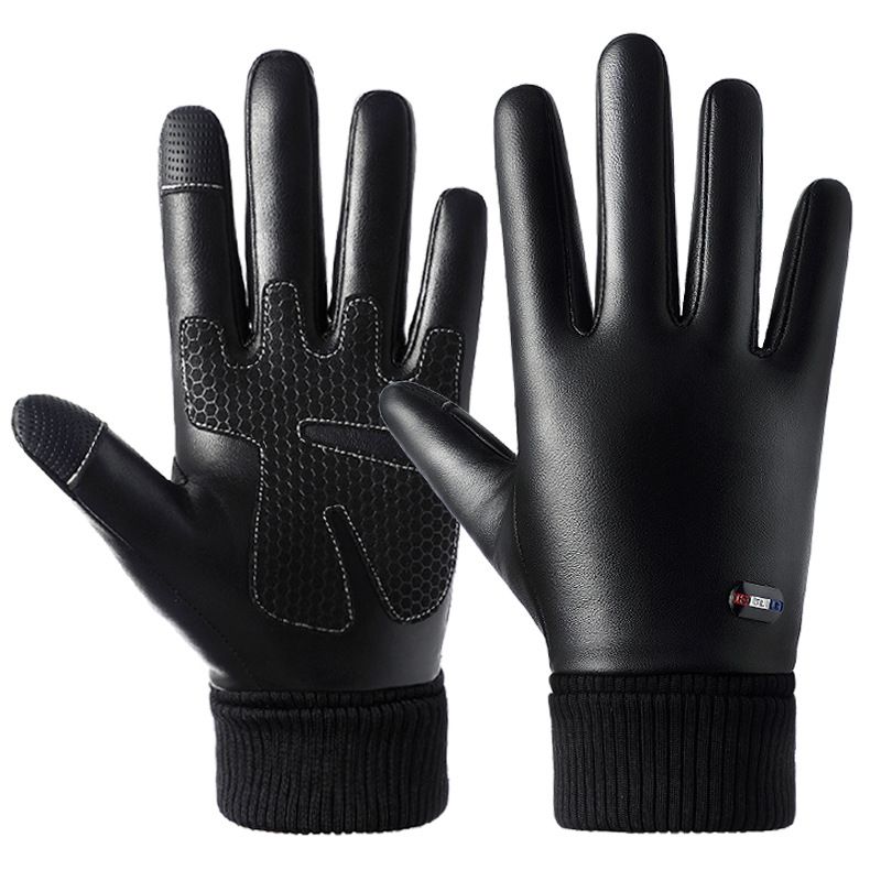 (Black)Leather Winter Gloves Men Women Warm Thermal Fleece Gloves Touchscreen Waterproof Outdo GRE