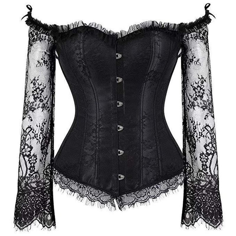 Black Corset Top Waist Tummy Body Shaper Lace Women Long Sleeve Plus Size
