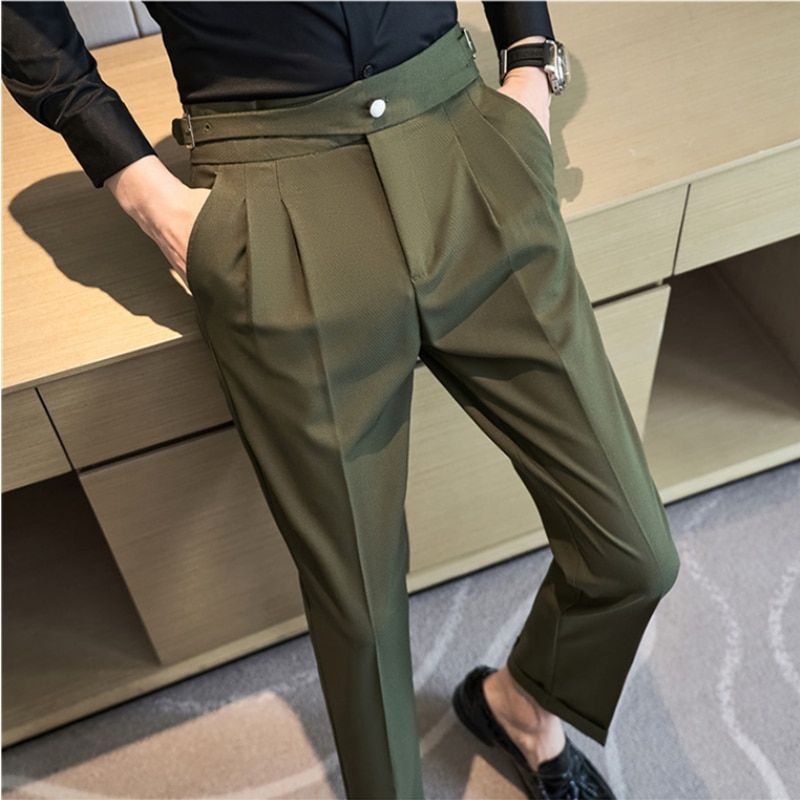 British Style Autumn New High Waist Dress Pants Men Belt Design Slim Fit Suit