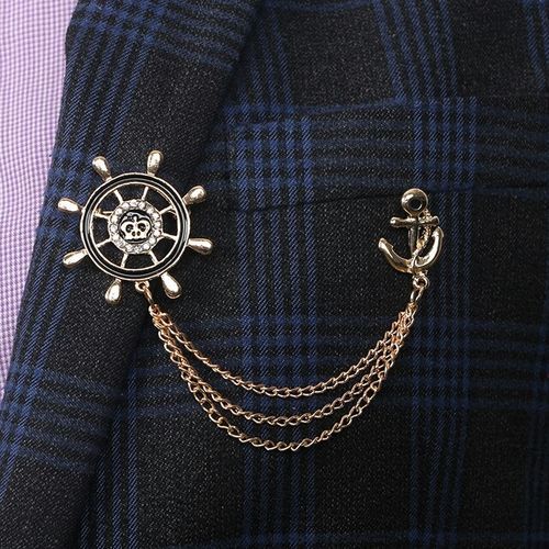 Brooch Pin Anchor Rudder Suit Lapel Collar Accessory With Chain - Gold