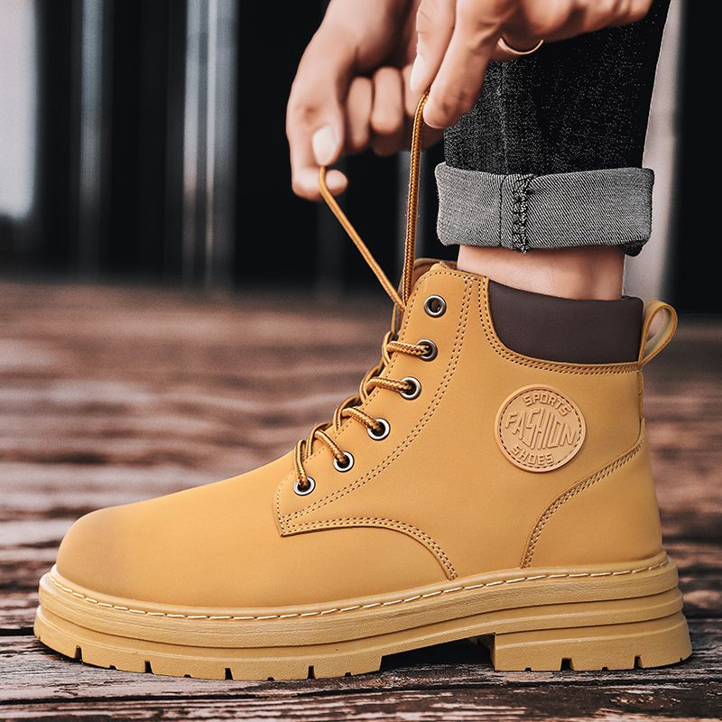 Motorcycle Boots Men High-top Shoes Fashion Trend All-match Leather Martin Boots For Man Outdoor Casual Work Shoes Lace-Up Male Winter Ankle Boots Brown