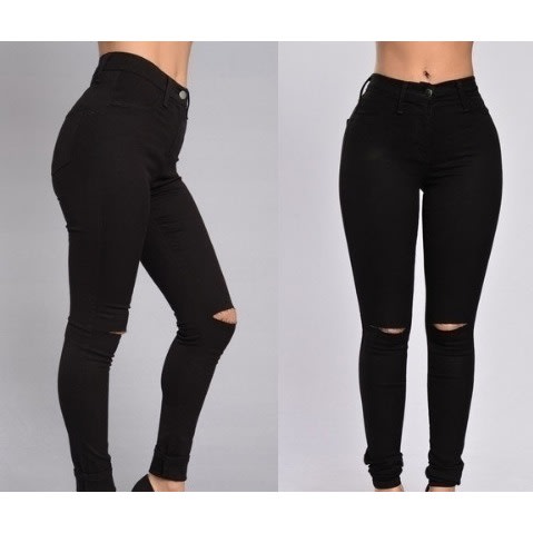 Ladies Ripped Knee Skinny Jeans - Black