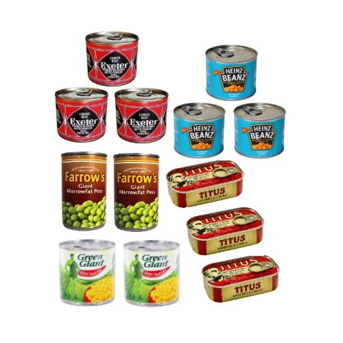 Exeter Corn Beef X3, Heinz Beans X3,  Farrow Peas X2titus Sardine X3, And Green Sweet Corn
