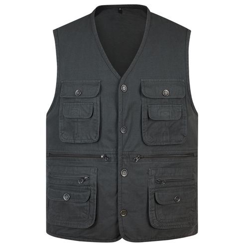 Men Vest Cotton Button Multi Pocket Solid Big Size Travel Waistcoat