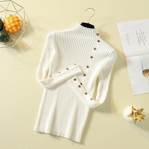 Women Turtle Neck Knit Slim Fit Sweater Casual Long Sleeve Jumper Tops Button Decor - White