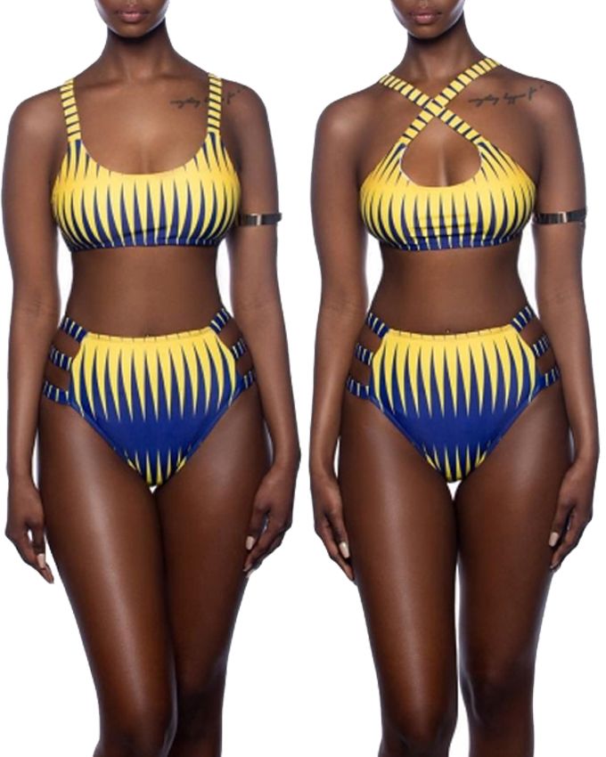 New African Style Bikini Women Swimsuit High Waist Bathing Suit 6-10 Girl Yellow Stripped Bikini Set