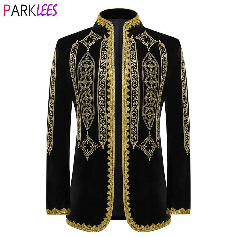 Luxury Baroque Floral Embroidery Velvet Suit Jacket Men Stand Collar Slim Fit Cardigan B Jacket for Party Wedding Dinner