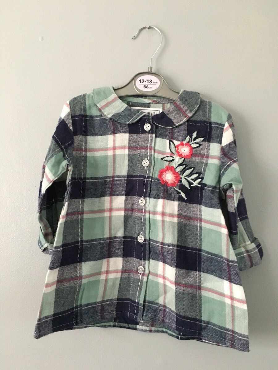 Baby Girls Plaid Embroidery Roll Up Sleeve Shirt
