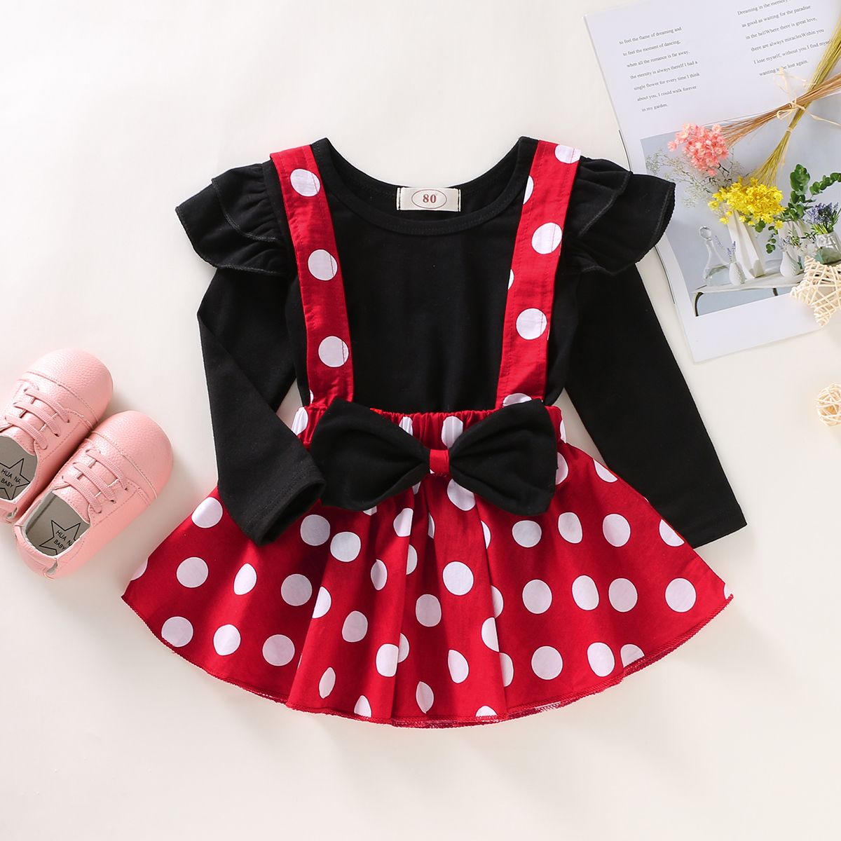 Baby Girls Long Sleeves Shirt Polka Dot Red Suspender Skirt