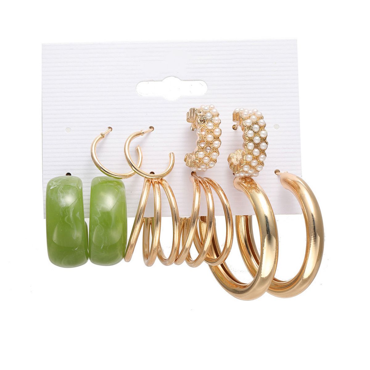 5 Pairs Hoop Earrings Round Shape Faux Pearls Metal-Golden