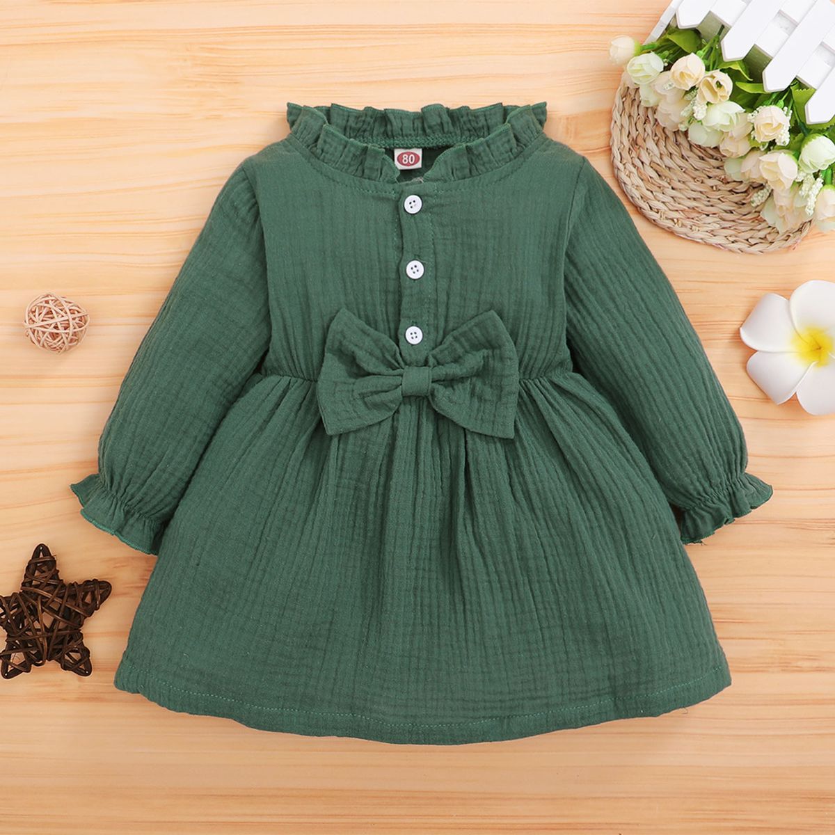 Baby Girls Autumn Winter Long Sleeve Green Cotton Dress With Bow