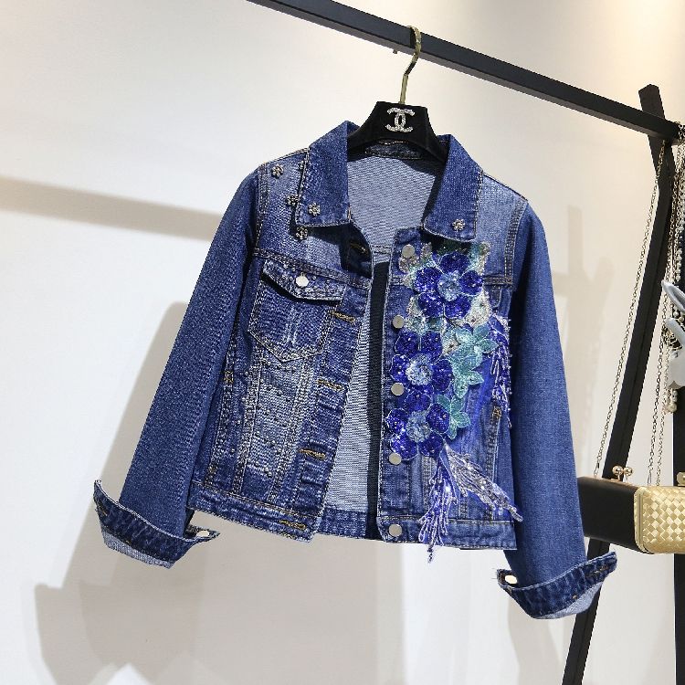 O216 Blue Heavy Denim Coat Embroidered Flower Nail Bead Joke