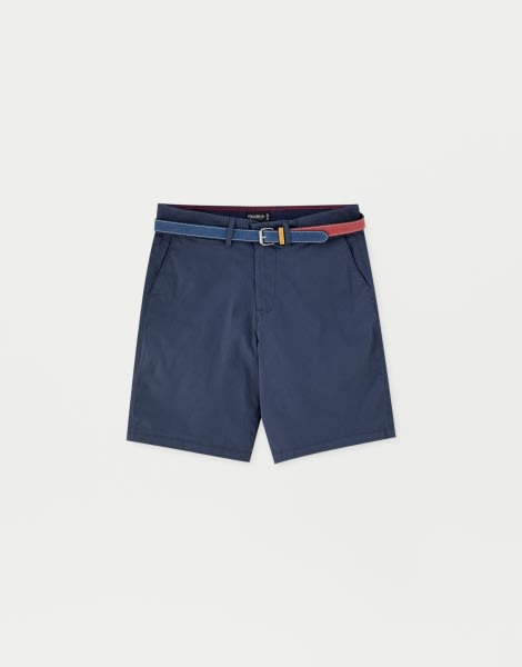 Chino Bermuda Shorts With Belt In Blue- Blue