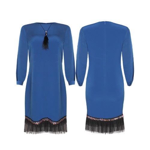 Blue Multicolour Sequins Long Sleeve Necklace Shift Dress