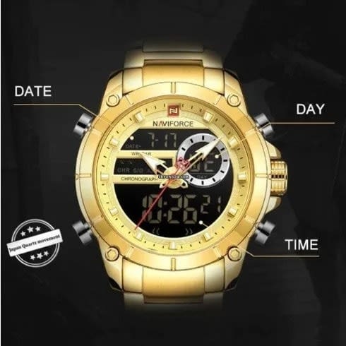 Men's Watch - Gold Quartz Waterproof Dual Display - Analog & Digital