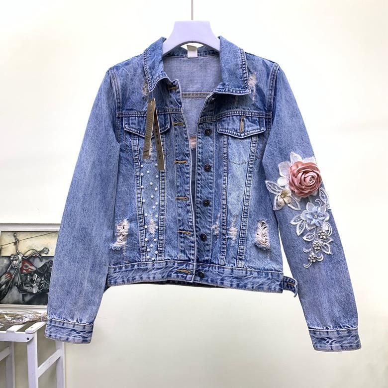O06 BlueO Cat Embroidery Flower Ladies Jean Jacket