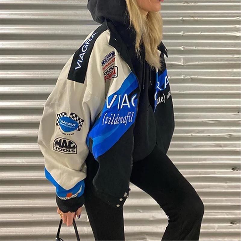 2021 Spring New Jacket Sporty Blue Print Casual Loose Sleeve Windbreaker Coat