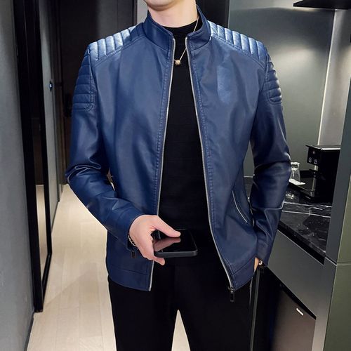 Men's Outdoor Casual Windproof Leather Jacket-Blue