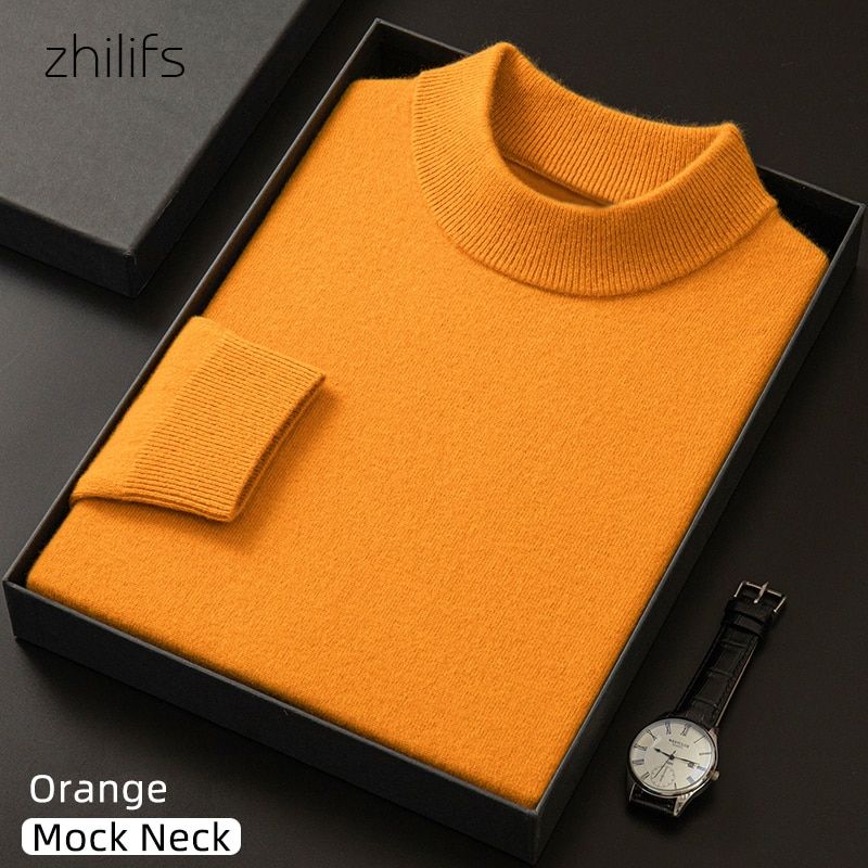 Men's Turtleneck Sweater Autumn Winter Men's Rollneck Warm-Orange Mock Neck