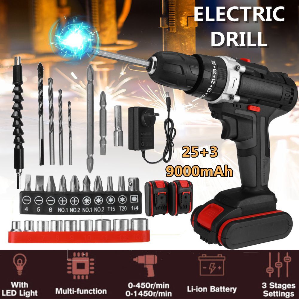 6000mAh 48V 25-28Nm Electric Hammer Drill Cordless Rechargeable Drill Three Function With Impact LED Light Screwdriver+1/2 (with Box) EU Plug 2 Battery+1 Charge