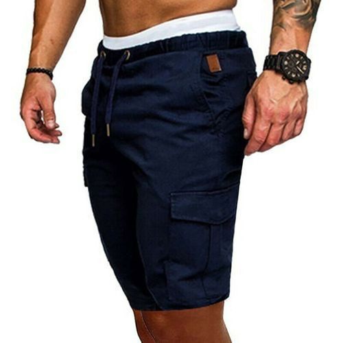 Mens Cargo Shorts Pants Casual Summer Beach Sport Gym Trousers Plain Running Workout Elastic Shorts(#Navy Blue)