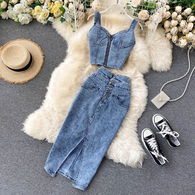 Summer Women Two 2 Piece Set Y V-Neck Jeans Vest+High Waist-blue