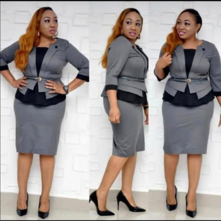 Flier Overlay Skirt Suit With 3/4 Sleeve-GREY