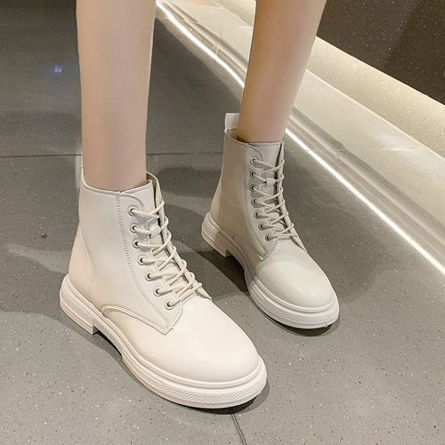 Women's Combat Boots Ladies Ankle Booties Lace Up Martin Boots For Female-White