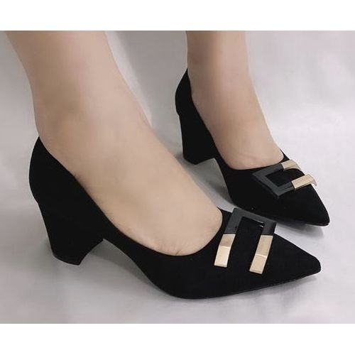 Female Coperate Court Cover Shoe Mid/low Heel With Heart- Black