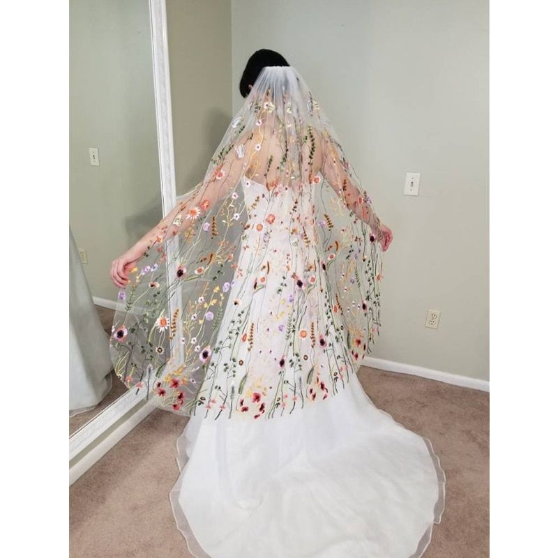Floral Lace Bridal Veil With Comb  Wildflowers Secret Garden Colored Wedding