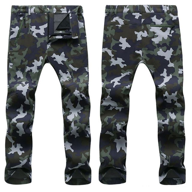 Winter Fleece Hiking Pants Men Warm Men Green Camouflage_S
