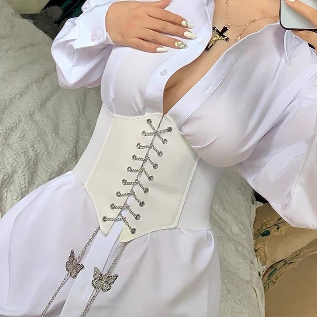 Women Belt Stretch Design Black Leather Girdle Dress Jeans Versatile Fashion Wide Goth Punk For Corset Women(#D1 HD White)